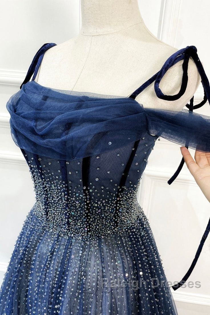 Dark Blue Tulle Sequin Long Prom Dresses A Line Birthday Party Dresses