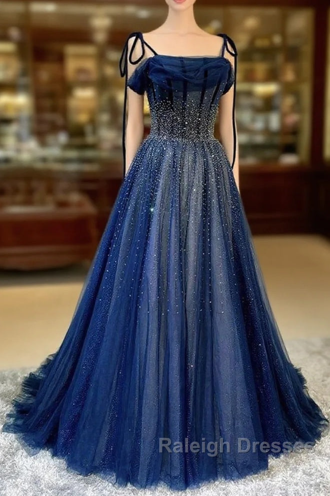 Dark Blue Tulle Sequin Long Prom Dresses A Line Birthday Party Dresses Main image