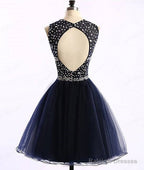 Dark Blue Tulle Short Prom Dresses Cute Homecoming Dresses
