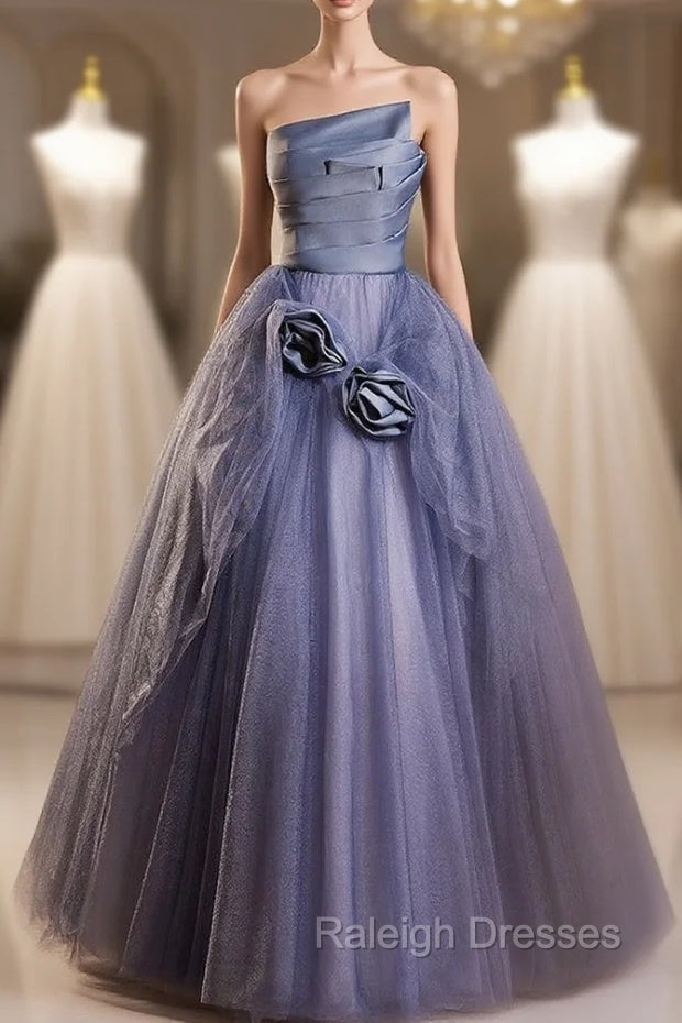 Dark Blue Tulle Strapless Pleats Flower Prom Dress