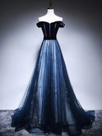 Dark Blue Tulle Velvet Long Prom Dress, Blue Evening Dress