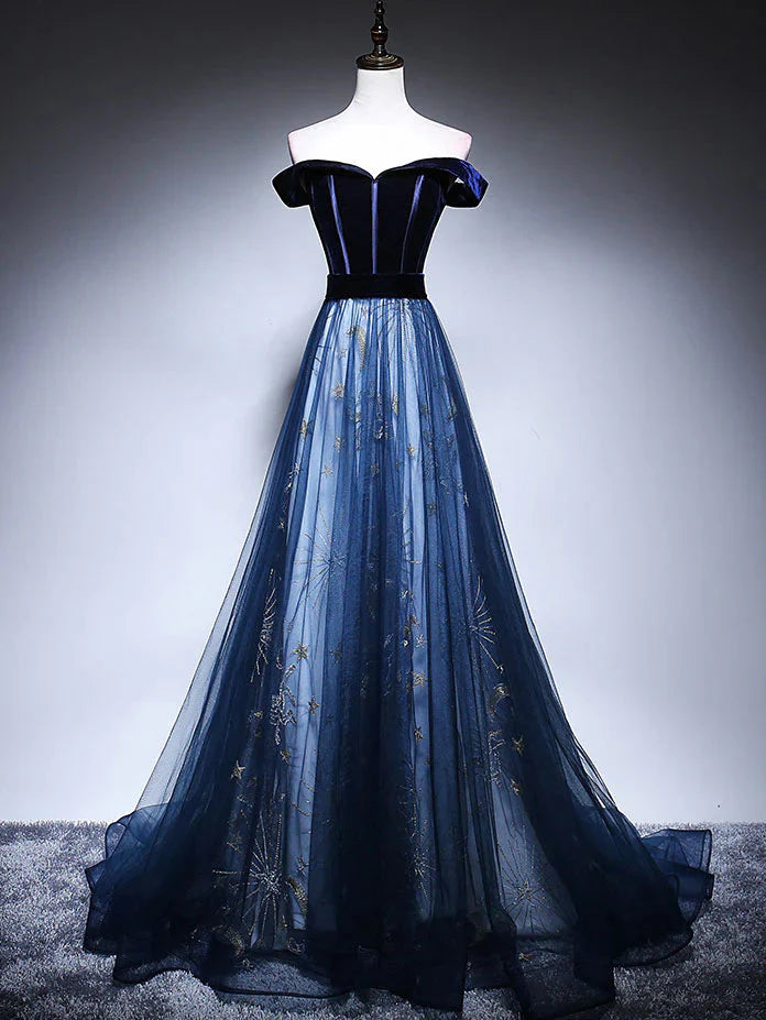 Dark Blue Tulle Velvet Long Prom Dress, Blue Evening Dress Main image
