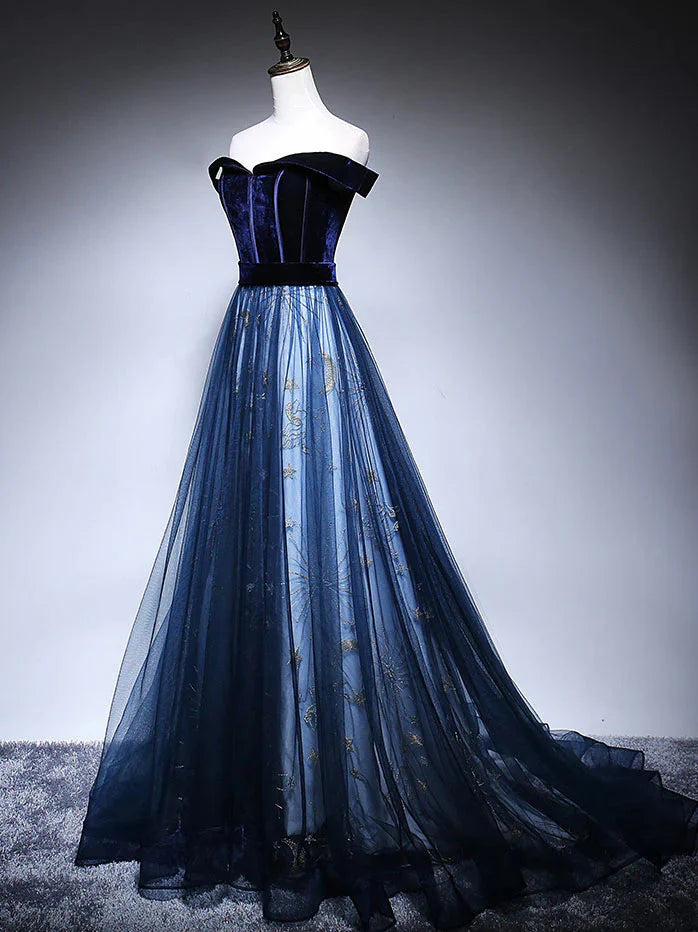 Dark Blue Tulle Velvet Long Prom Dress, Blue Evening Dress Secondary image
