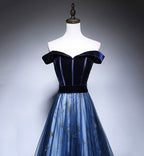 Dark Blue Tulle Velvet Long Prom Dress, Blue Evening Dress