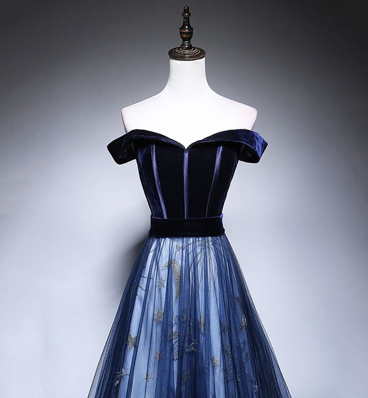 Dark Blue Tulle Velvet Long Prom Dress, Blue Evening Dress