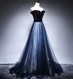 Dark Blue Tulle Velvet Long Prom Dress, Blue Evening Dress
