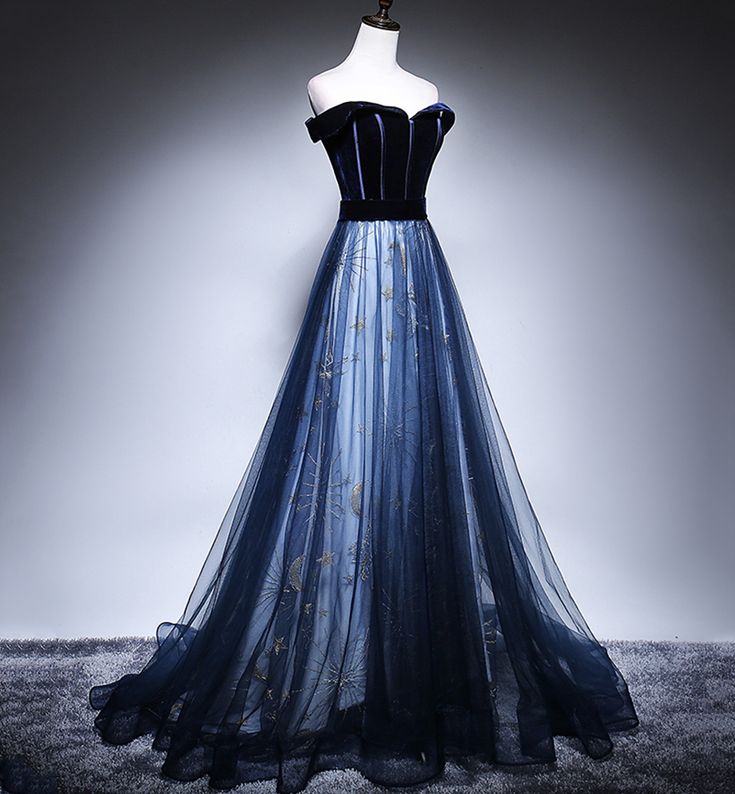 Dark Blue Tulle Velvet Long Prom Dress, Blue Evening Dress