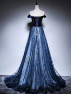 Dark Blue Tulle Velvet Long Prom Dress, Blue Evening Dress