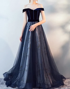Dark Blue Tulle Velvet Long Prom Dress, Blue Evening Dress