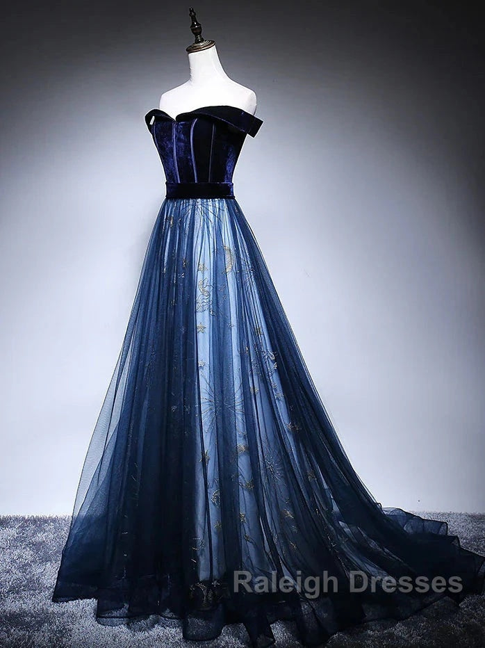 Dark Blue Tulle Velvet Long Prom Dress, Blue Evening Dress Secondary image