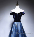 Dark Blue Tulle Velvet Long Prom Dress, Blue Evening Dress