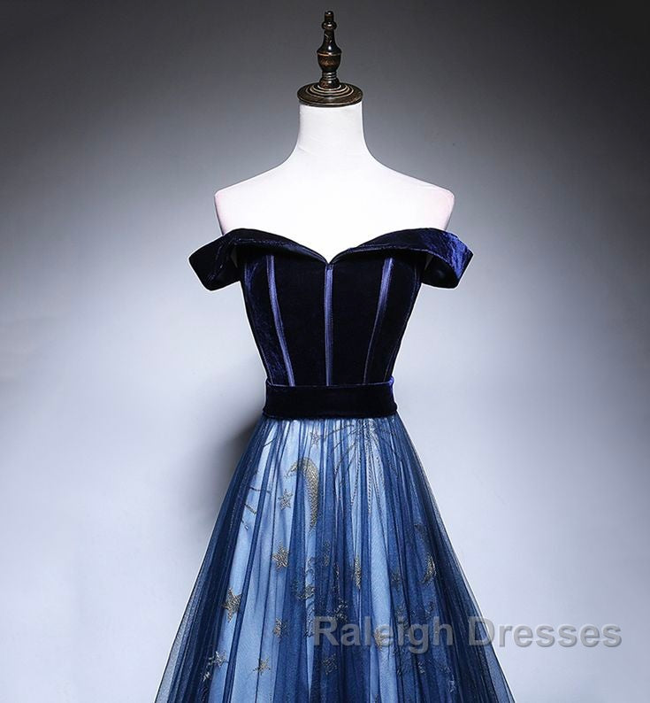 Dark Blue Tulle Velvet Long Prom Dress, Blue Evening Dress