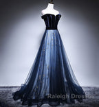 Dark Blue Tulle Velvet Long Prom Dress, Blue Evening Dress