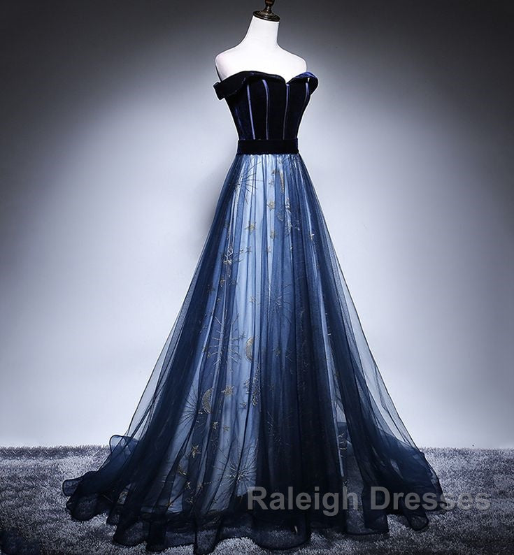 Dark Blue Tulle Velvet Long Prom Dress, Blue Evening Dress