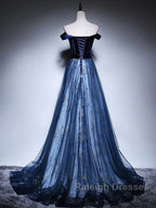 Dark Blue Tulle Velvet Long Prom Dress, Blue Evening Dress