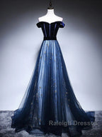 Dark Blue Tulle Velvet Long Prom Dress, Blue Evening Dress