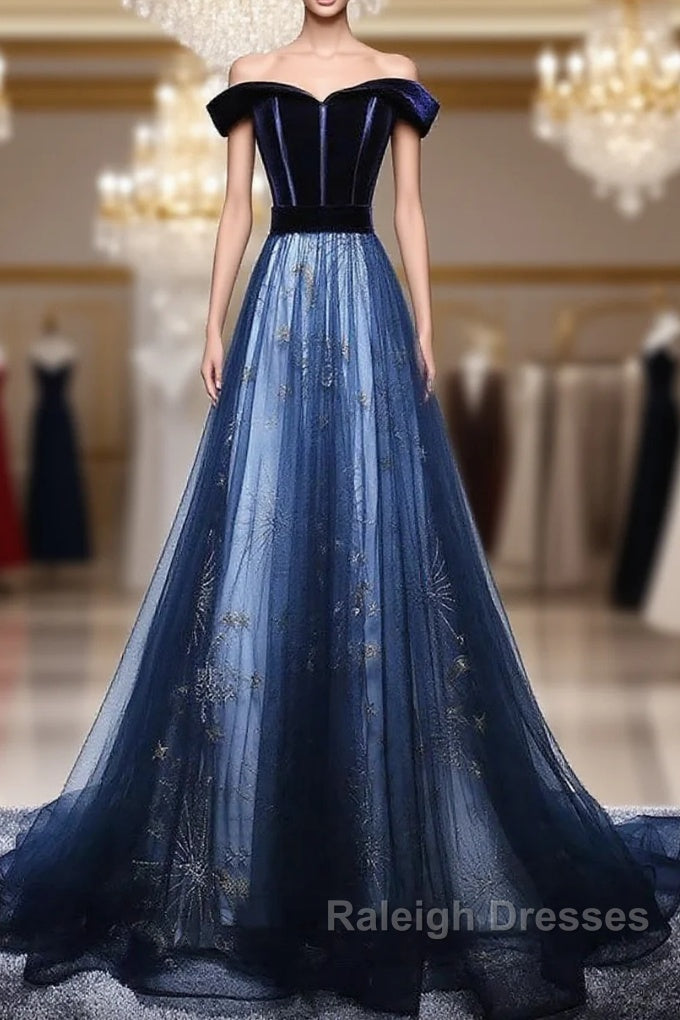 Dark Blue Tulle Velvet Long Prom Dress, Blue Evening Dress