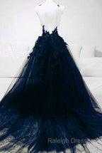 Dark Blue Tulle With Lace Long Prom Dress, A Line Dark Blue Prom Dress