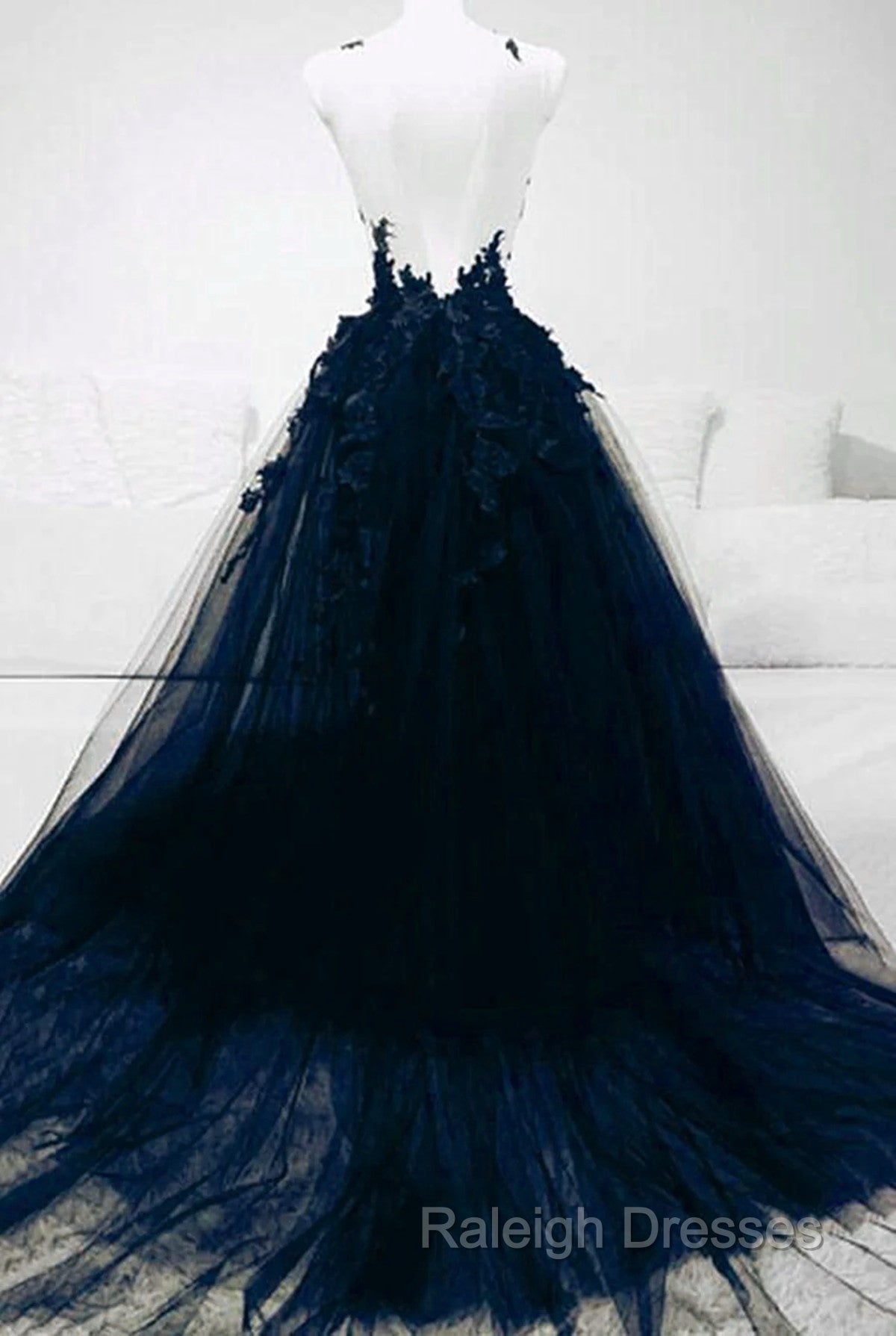 Dark Blue Tulle With Lace Long Prom Dress, A Line Dark Blue Prom Dress