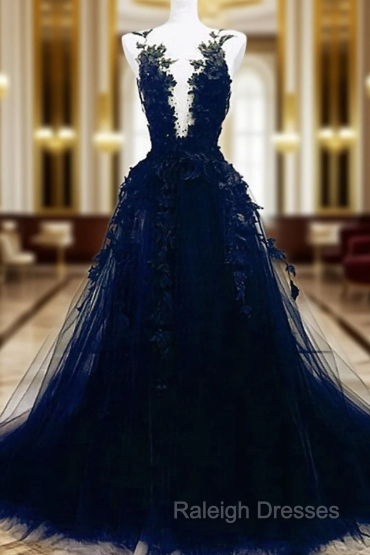 Dark Blue Tulle With Lace Long Evening Dress, A-line Dark Blue Prom Dress Main image