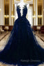 Dark Blue Tulle With Lace Long Evening Dress, A-line Dark Blue Prom Dress