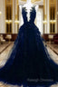 Dark Blue Tulle With Lace Long Prom Dress, A Line Dark Blue Prom Dress