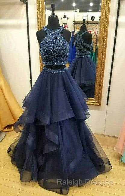 Dark Blue Two Pieces Beads Long Prom Dress, Formal Dress Secondary image
