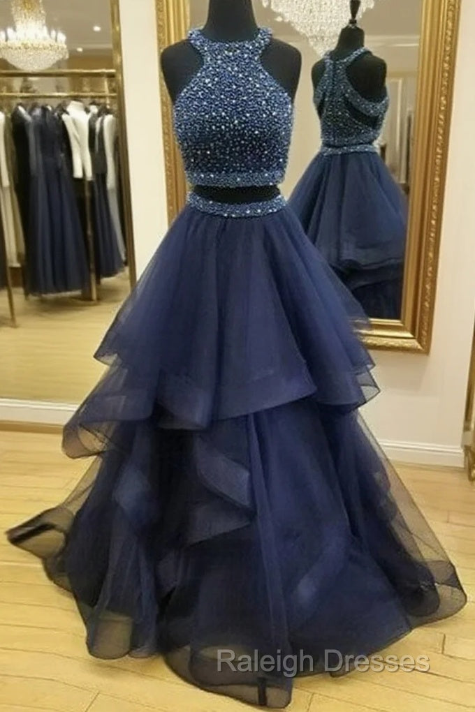 Dark Blue Two Pieces Beads Long Prom Dress, Formal Dress Main image