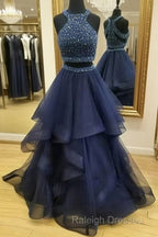 Dark Blue Two Pieces Beads Long Prom Dress, Formal Dress