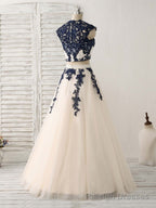 Dark Blue Two Pieces Lace Tulle Long Prom Dress Blue Prom Dress
