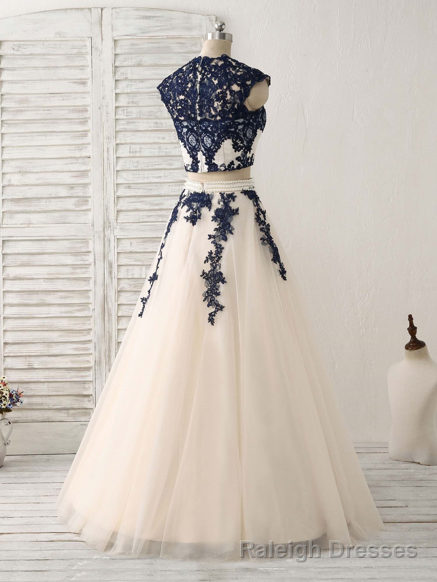 Dark Blue Two Pieces Lace Tulle Long Prom Dress Blue Prom Dress