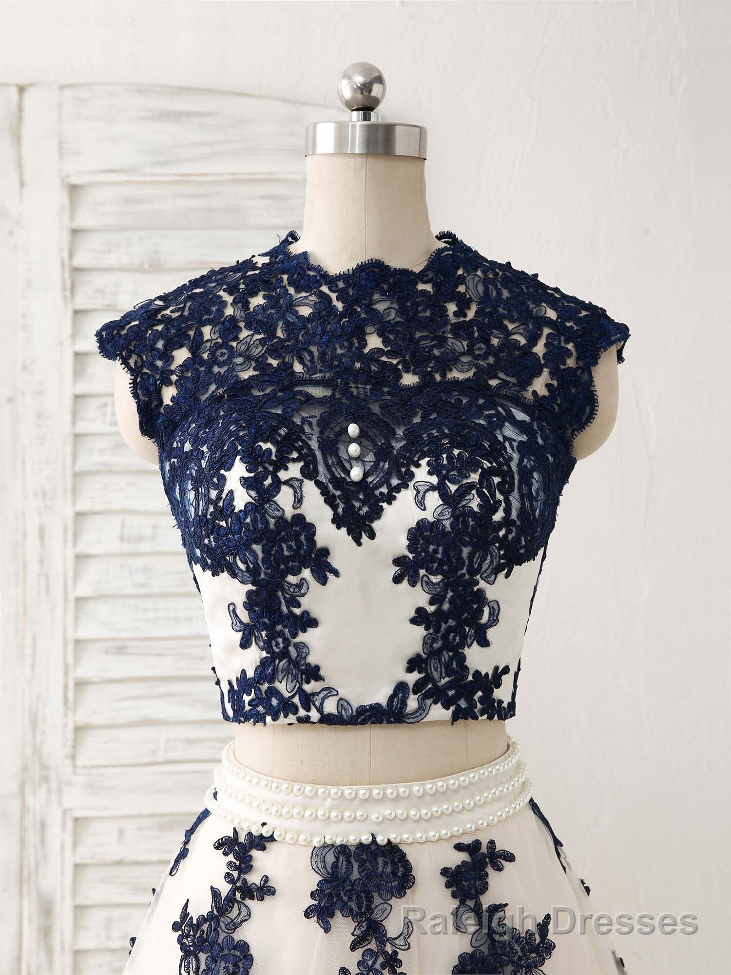 Dark Blue Two Pieces Lace Tulle Long Prom Dress Blue Prom Dress