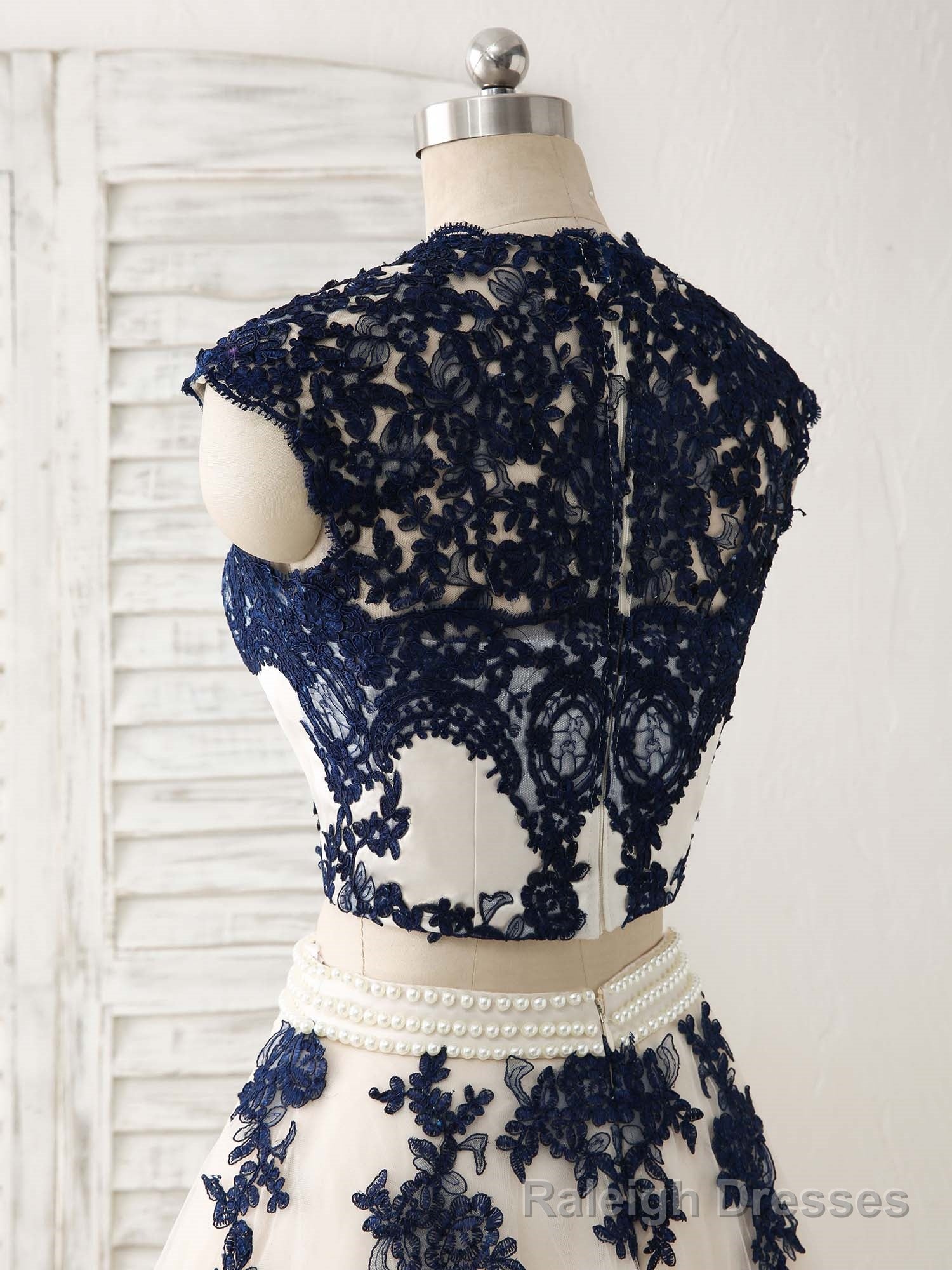 Dark Blue Two Pieces Lace Tulle Long Prom Dress Blue Evening Dress