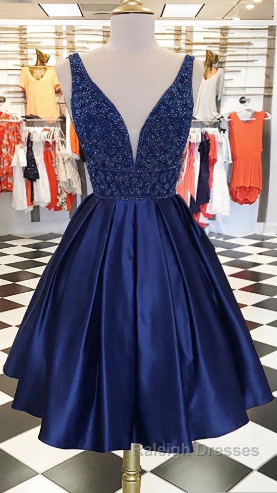 Dark blue v neck beads satin short prom Dresses blue homecoming Dresses