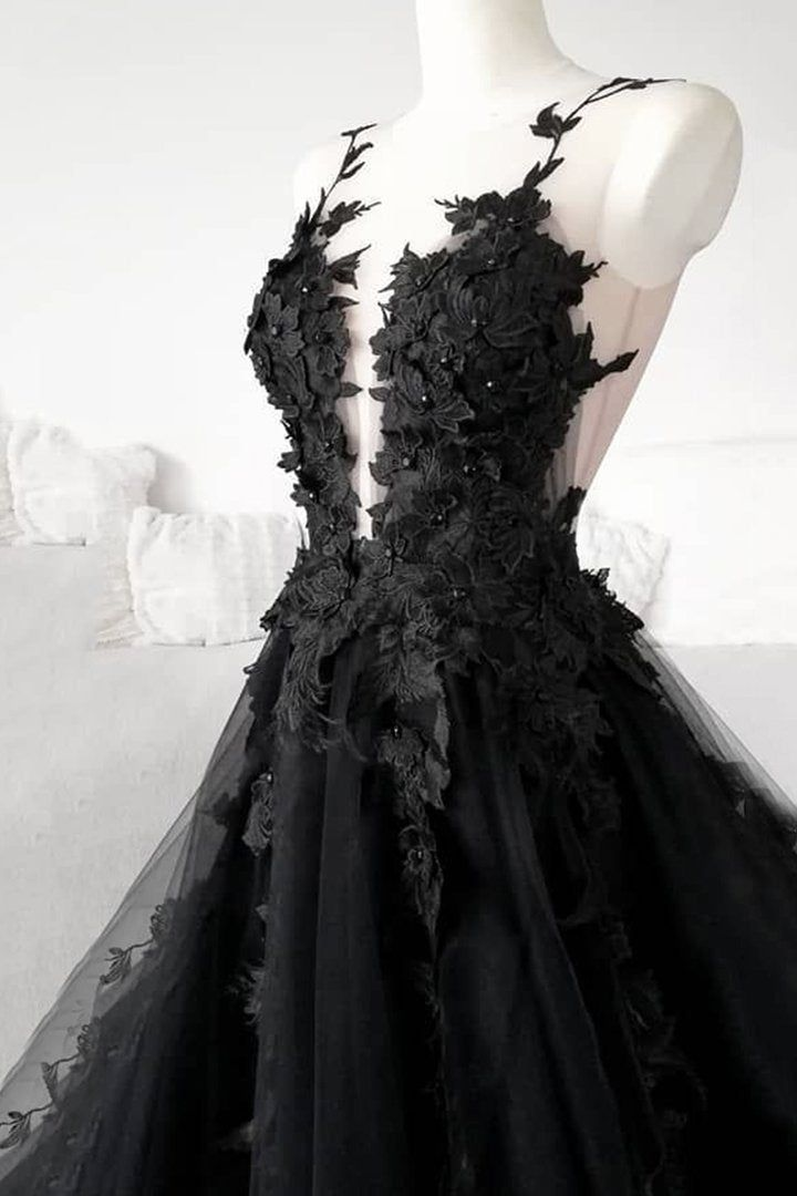 Classic Black Lace Tulle Prom Dresses Long Black Prom Dresses