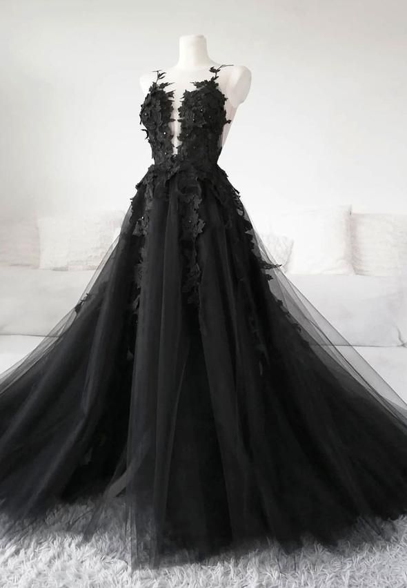 Classic Black Lace Tulle Prom Dresses Long Black Prom Dresses Main image