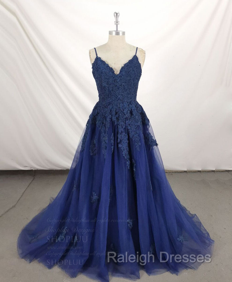 Dark Blue V Neck Tulle Lace Long Prom Dress Blue Lace Bridesmaid Dress Main image