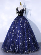 Dark Blue V Neck Tulle Long Prom Dress, Dark Blue Formal Evening Dress
