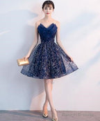 Dark Blue V Neck Tulle Sequin Short Prom Dresses Blue Homecoming Dresses S94