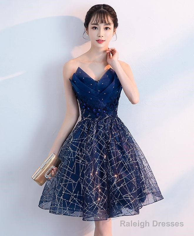 Dark Blue V Neck Tulle Sequin Short Prom Dress, Blue Homecoming Dress S94
