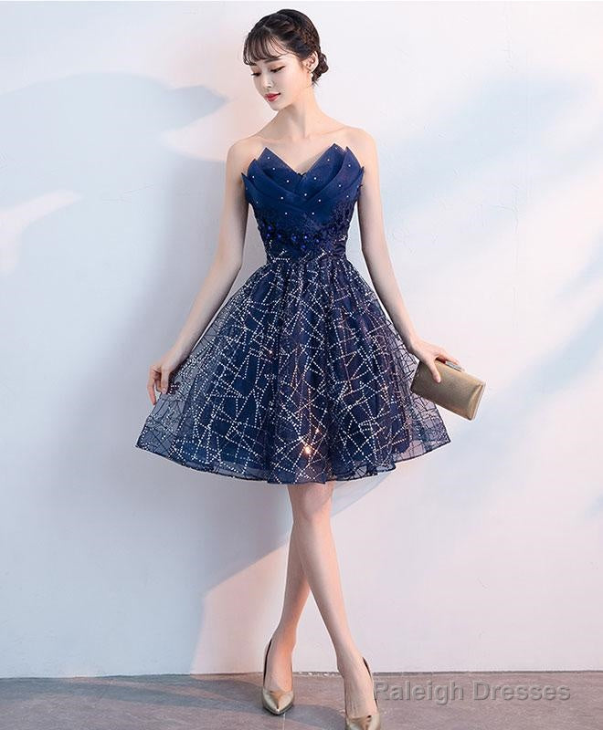 Dark Blue V Neck Tulle Sequin Short Prom Dress, Blue Homecoming Dress S94 Main image