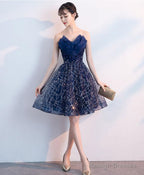 Dark Blue V Neck Tulle Sequin Short Prom Dress, Blue Homecoming Dress S94