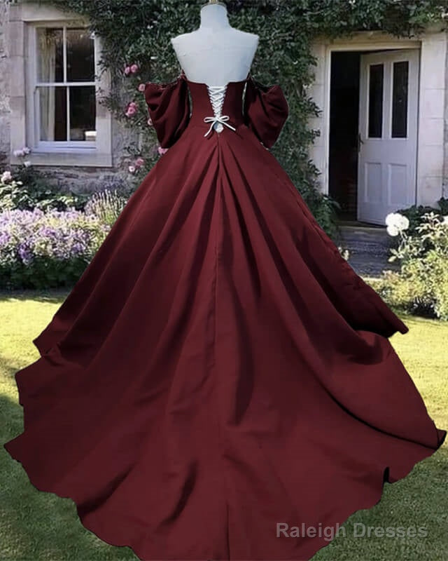 Dark Burgundy Puffy Sleeve Satin Ball Gown Dress Secondary image
