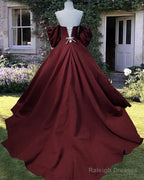 Dark Burgundy Puffy Sleeve Satin Ball Gown Dress