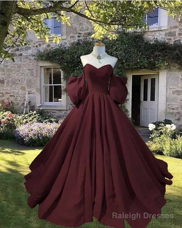 Dark Burgundy Puffy Sleeve Satin Ball Gown Dress Main image