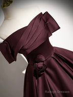 Dark Burgundy Satin Long Prom Dress, Elegant A-Line Off The Shoulder Evening Party Dress
