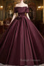 Dark Burgundy Satin Off the Shoulder Pleats Prom Dress