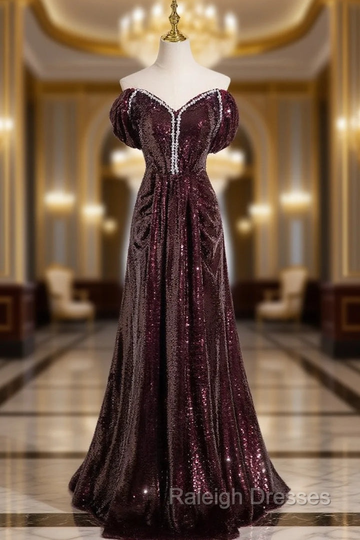 Dark Burgundy Sequins Off the Shoulder Prom Dress