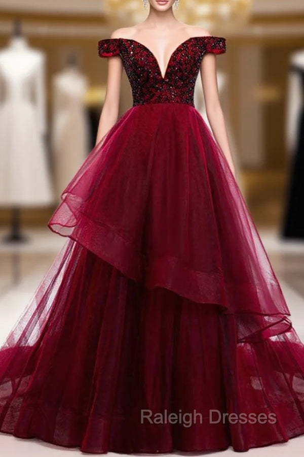 Dark Burgundy Tulle Off the Shoulder Beading prom Dress Main image