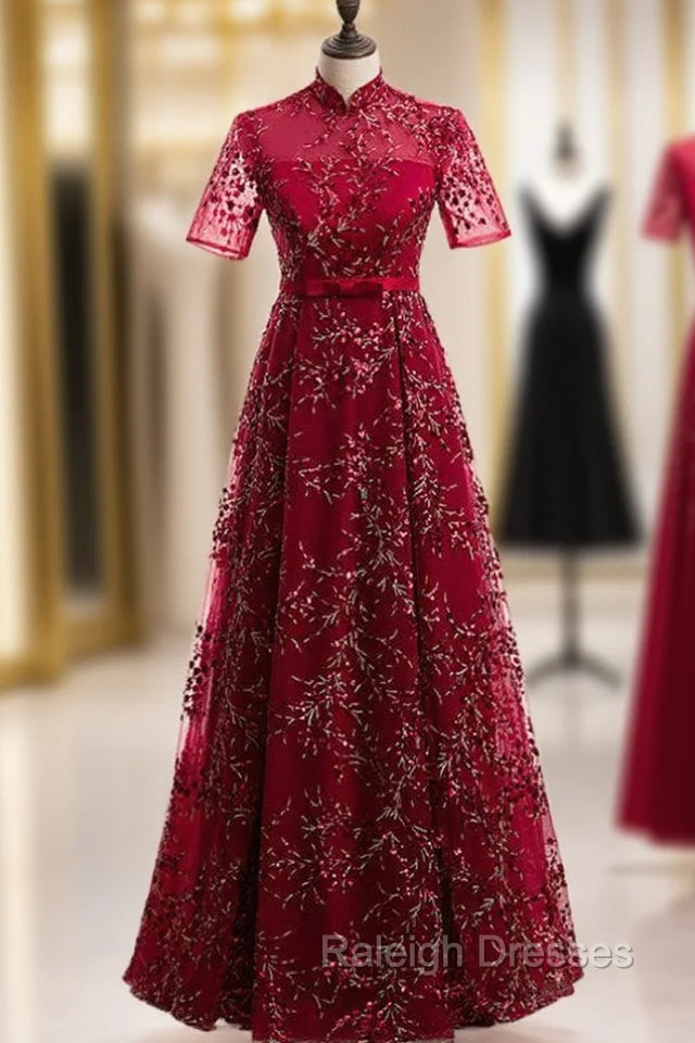 Dark Burgundy Tulle Sequins High Neck Short Sleeve Prom Dress Main image